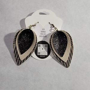 Black/Tan Pattern, Tan, Glitter Black 3-Layered Faux Leather Earrings 2.5"